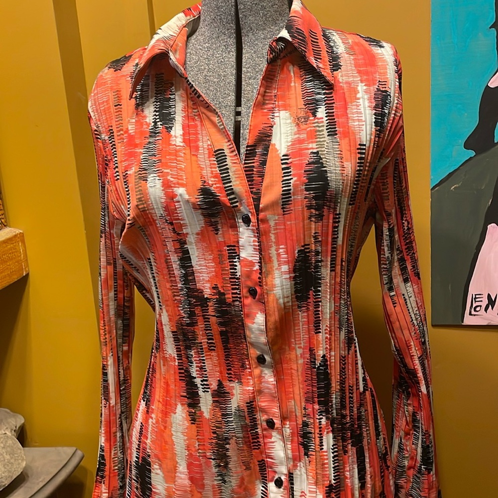 Vintage Apt 9 Top Button Down Micro-pleat Bell Sleeves Fuchsia Mango Black